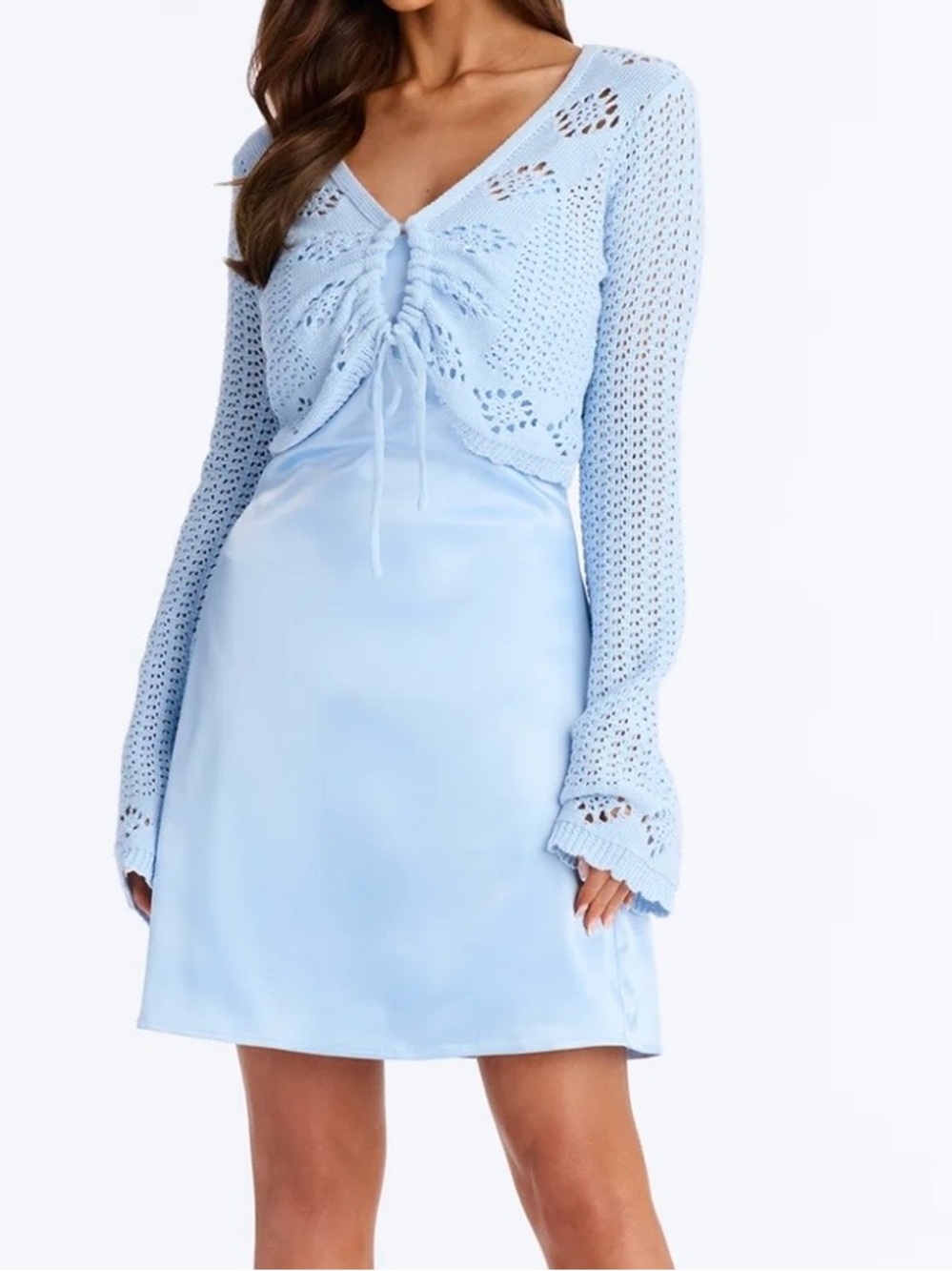 Fashion Nova Light Blue Crochet-Sleeve Mini Dress